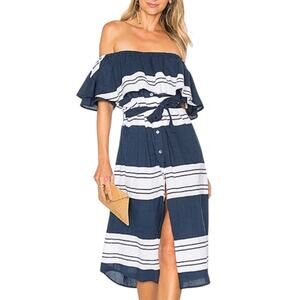 Faithful The Brand Ruffle ButtonUp Midi Dress Sz M Blue Stripe Gauzy Cotton